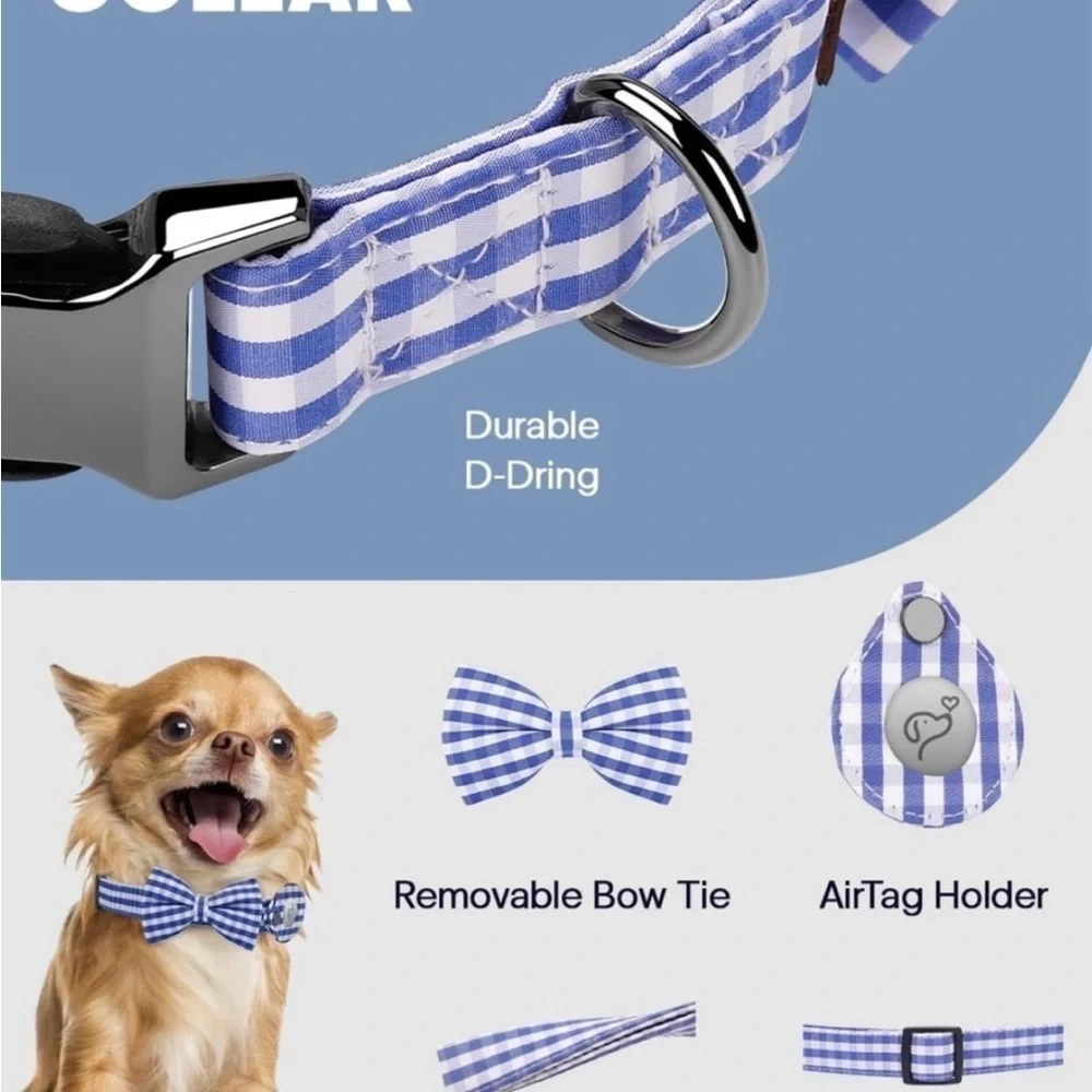 Tag Holder Case, Air Tag Pet Collar with Quick-Release Metal Buckle Blue Plaid L